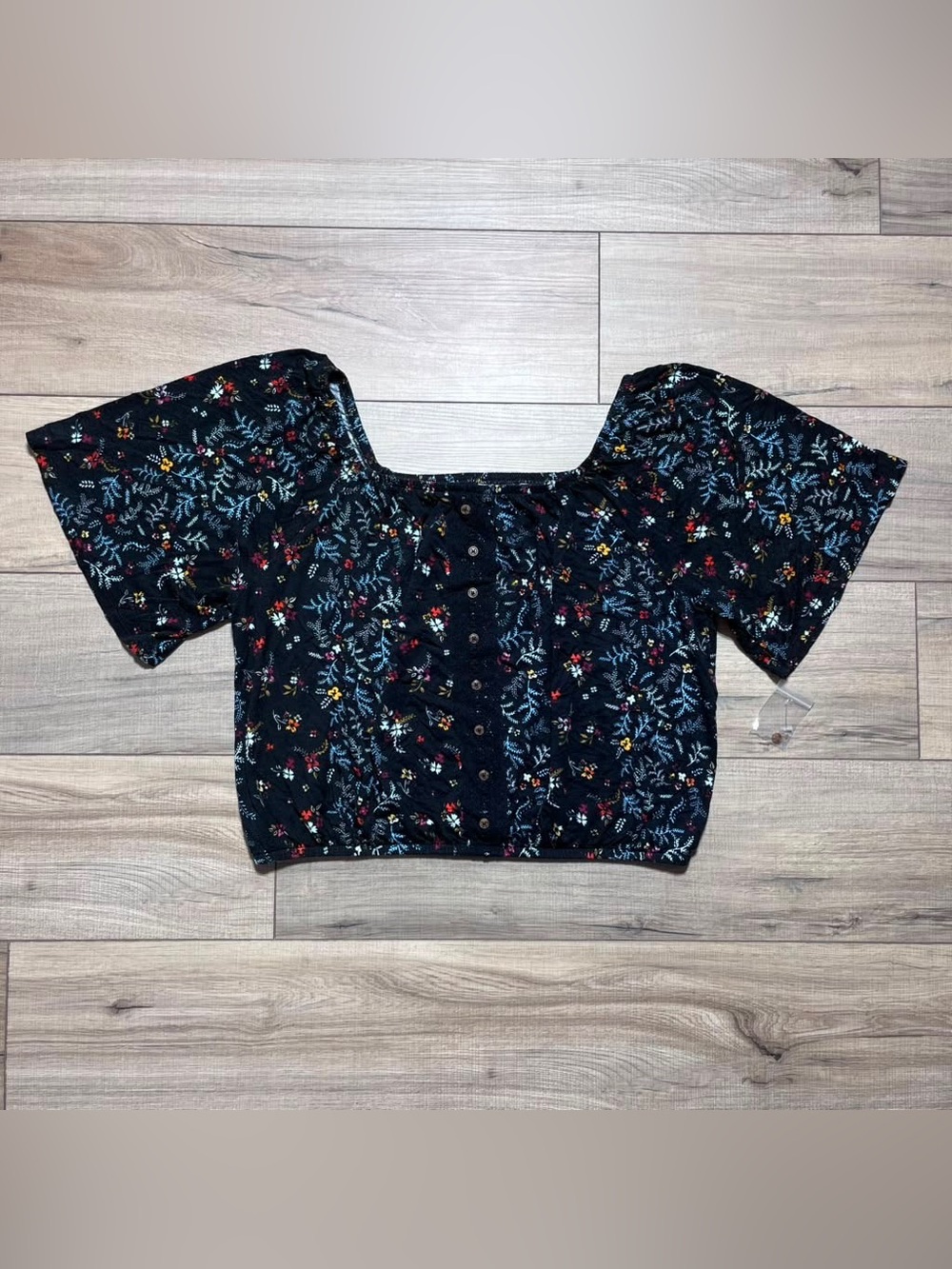 Mudd Juniors Floral Short Sleeve Peasant Top Size XL Black
